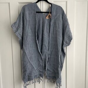The Handloom Los Angeles Blue Cotton Kimono Open Robe Tunic Boho Fringe OS BNWT